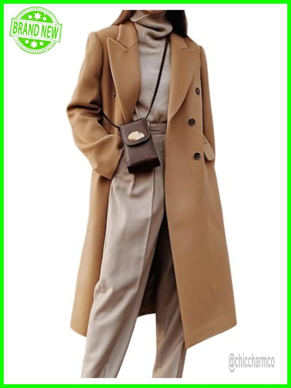 Womens Long Wool Blend Double Breasted Trench Pea Coat Notch Lapel Pockets